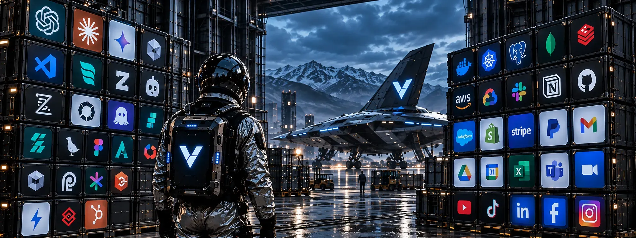 An astronaut in an AI logistics hangar