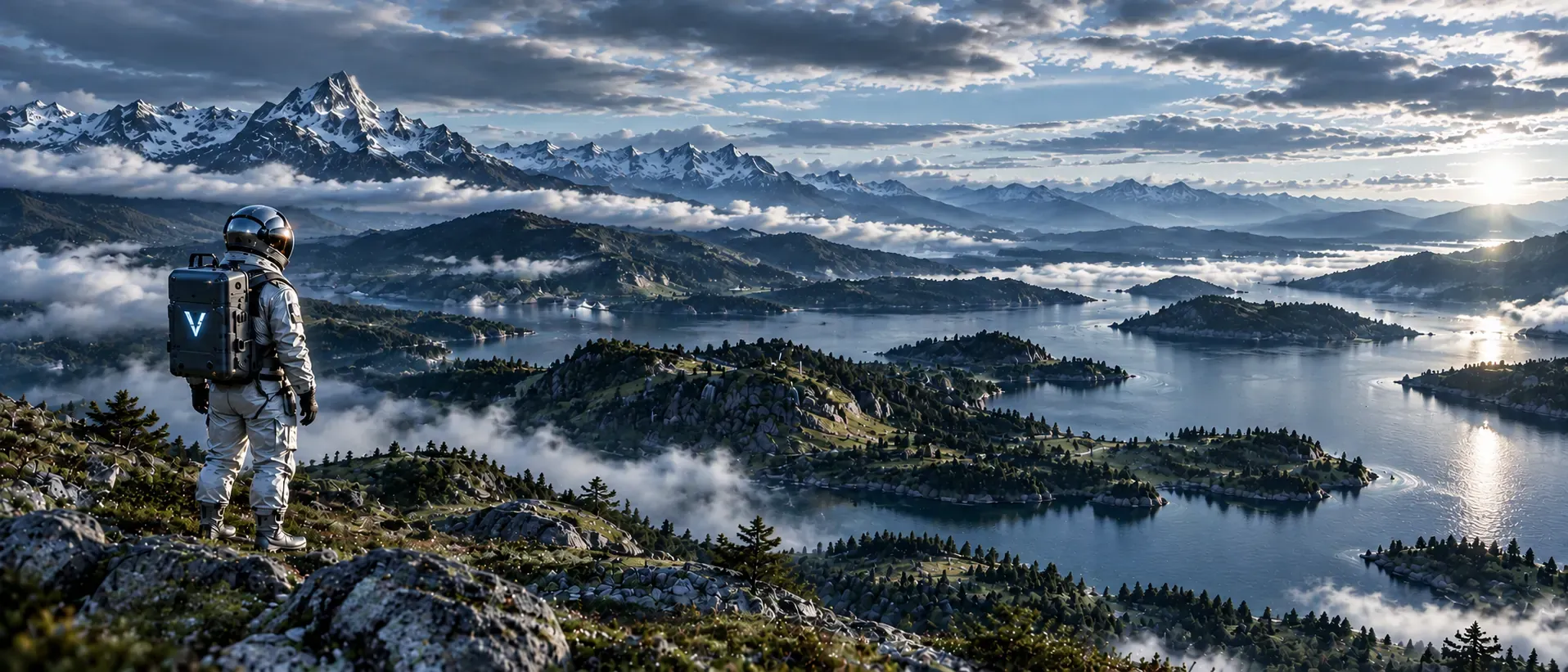 An astronaut over a misty mountain fjord