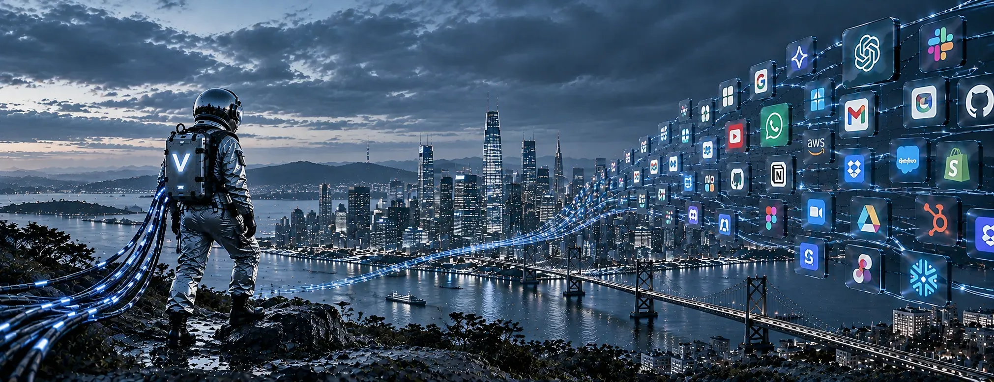 An astronaut overlooking a connected bay city