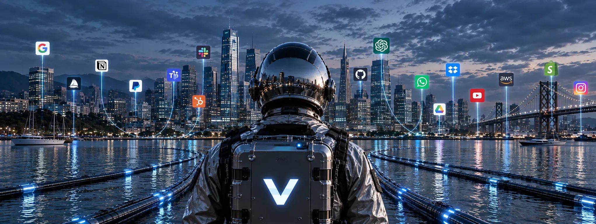 An astronaut overlooking a connected city