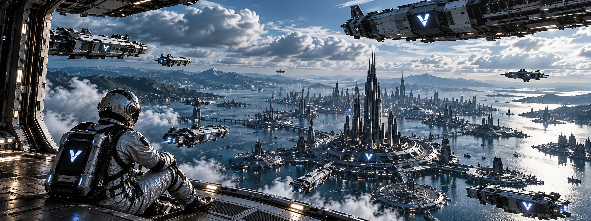 An astronaut overlooking a futuristic spaceport
