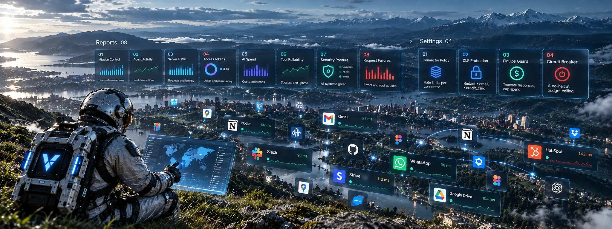 An astronaut overlooking a holographic world — the reach of every AI agent, seen from one place.