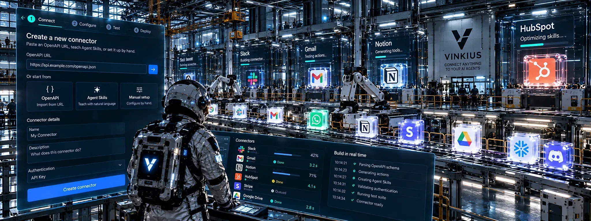 An astronaut overseeing a connector factory