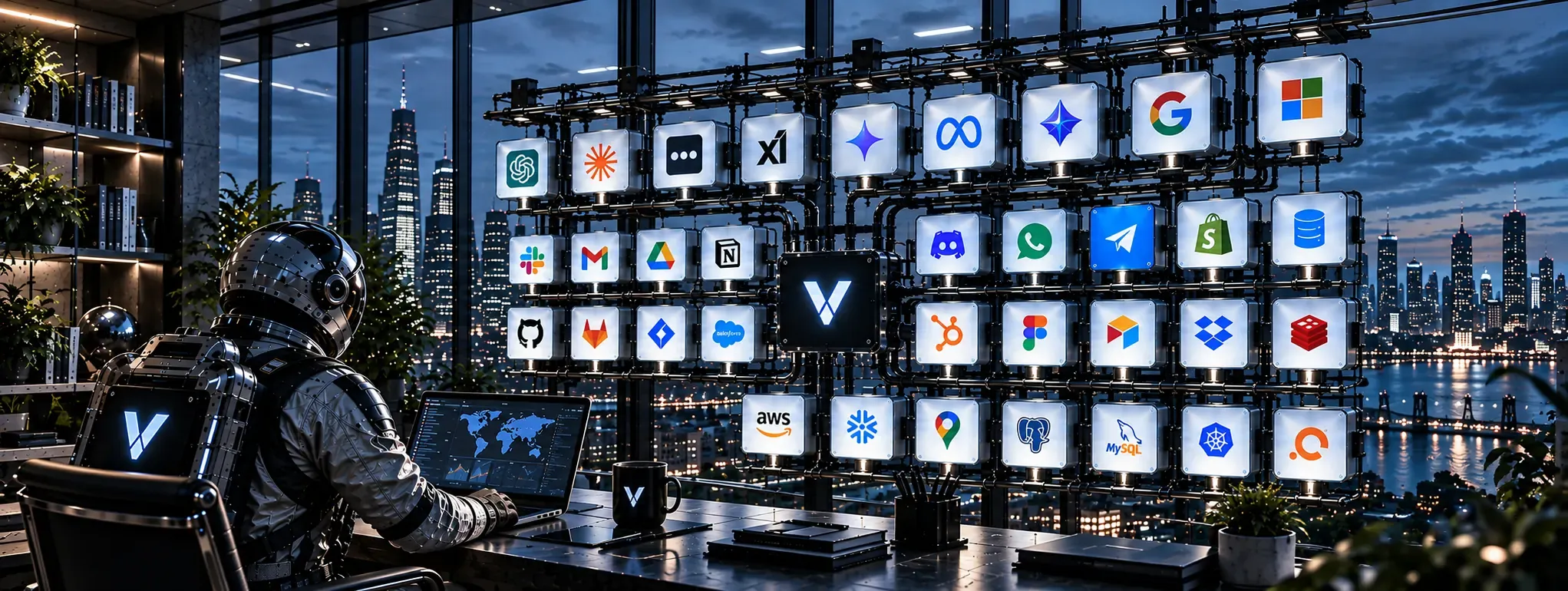 An astronaut overseeing a futuristic data hub