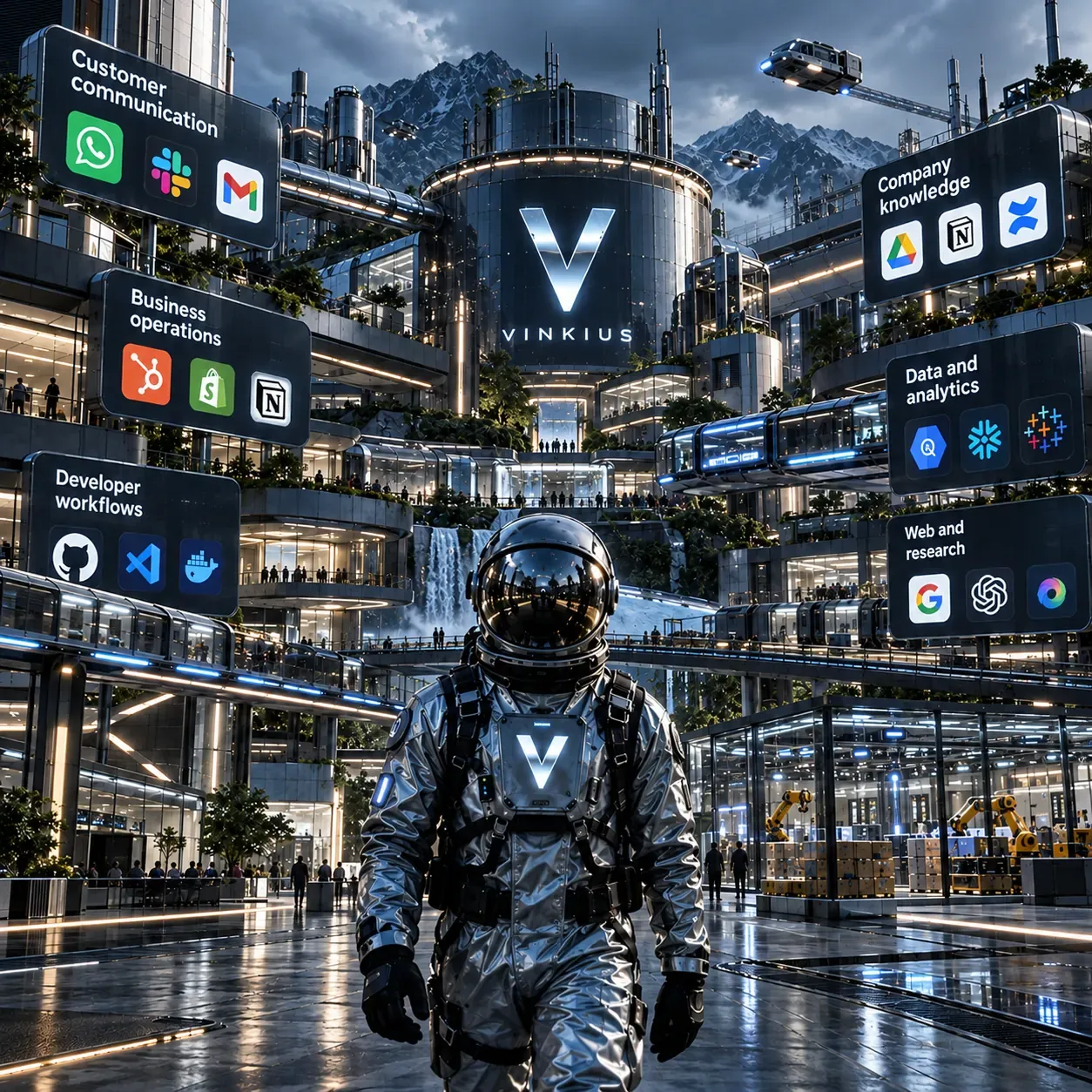Astronaut floating in front of the Vinkius building facade